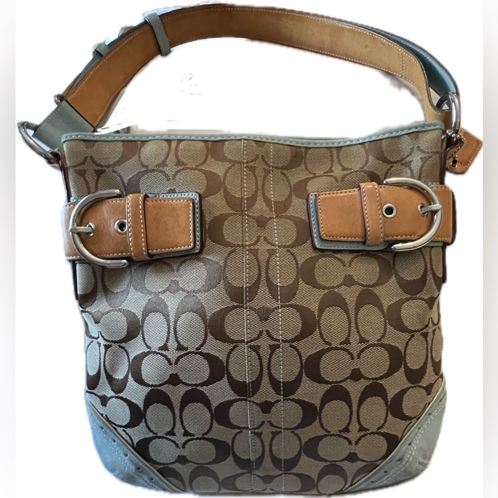 Coach Tan and Light Blue Suede Shoulder/Crossbody Bag